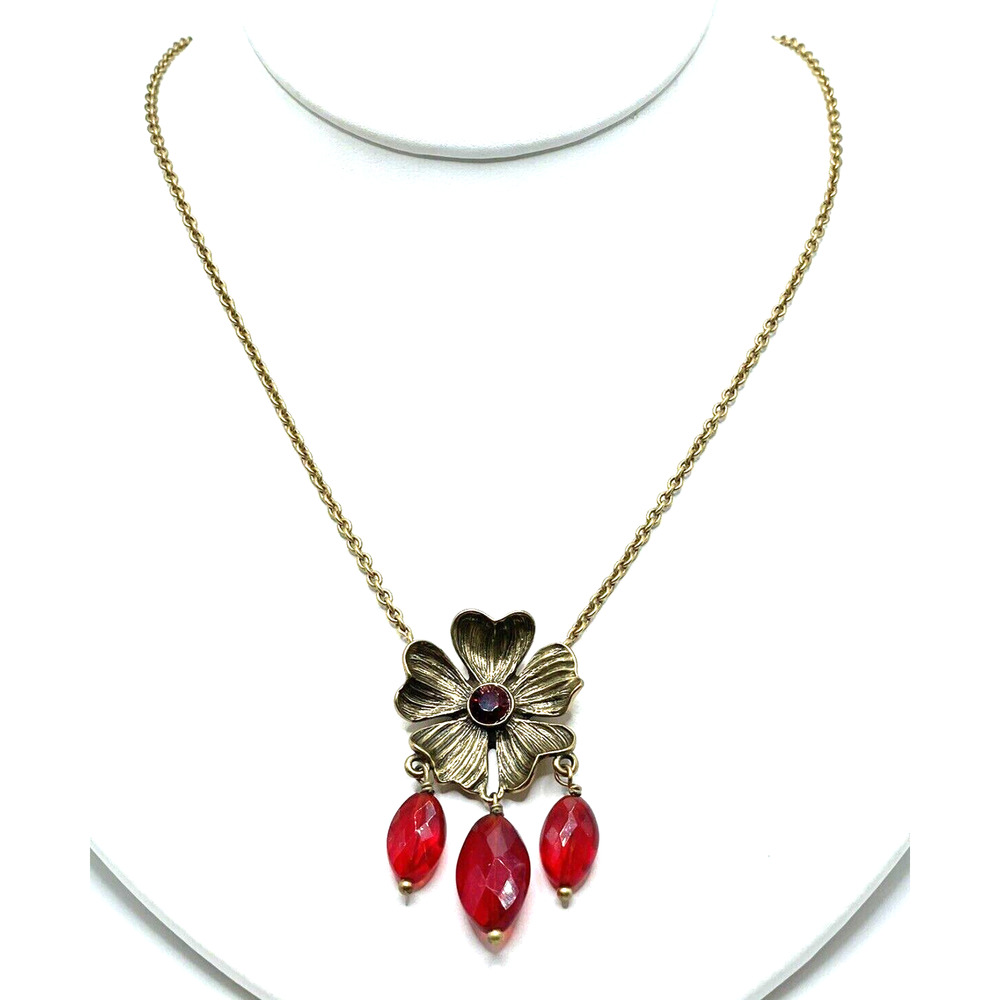 Vintage Pilgrim Danish Design Gold Poppy Crystal Red Dangle Necklace